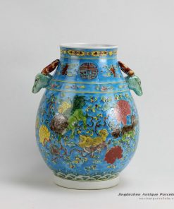 RZFA08_H13 Inch Jingdezhen hand painted Famille rose kylin design porcelain deer handle vase