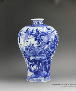 RZFD02_H13″ Qing dynasty Kangxi period reproduction Bright Blue White Flower Bird Porcelain Vases