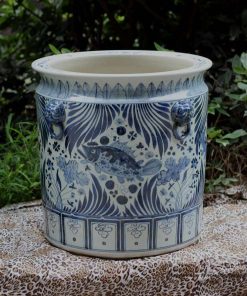 RZFH02_Hand paint Asian style mandarin fish seaweed pattern lion head handle big clay pots for plants