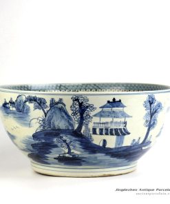 RZFH07_Blue and white hand paint airy pavilions and pagodas pattern plump ceramic bowl