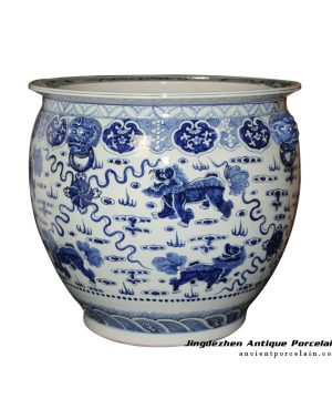 RZFH09_Blue and white hand paint Chinese lions play with silk balls pattern fancy large ceramic outdoor fish bowl