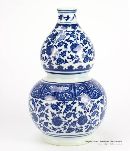 RZFU16_Oriental style calabash shape blue and white floral ceramic vase for online sale