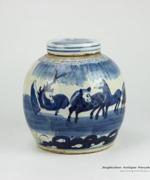 RZFZ01-B_Hand paint blue and white horse pattern lidded urn