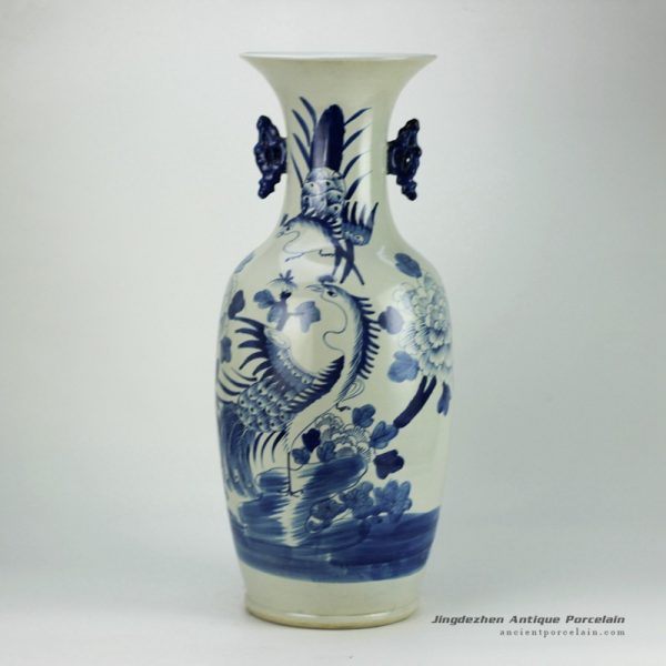 RZFZ04-A_vintage blue and white hand paint flower bird pattern porcelain tall vase