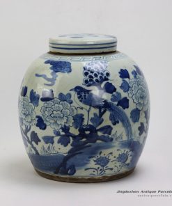 RZEY03-B_Flower Bird Design Flat Top Lidded Blue & White Jars