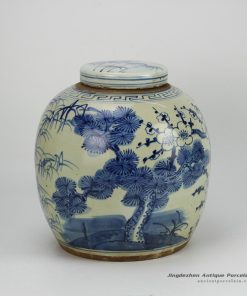 RZFZ05-B_three durable plants of winter — pine , bamboo and plum blossom pattern hand paint blue and white antique porcelain jar