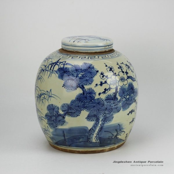 RZFZ05-B_three durable plants of winter — pine , bamboo and plum blossom pattern hand paint blue and white antique porcelain jar