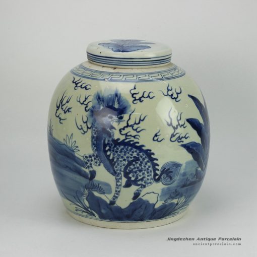 RZFZ05-E_vintage hand paint chinese kylin pattern blue white porcelain storage bottle