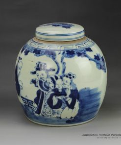 RZGC01-D_Hand paint Chinese ancient figures pattern blue and white chinaware pot with flat lid