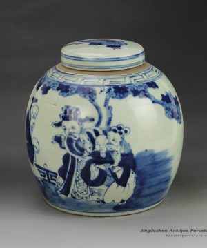RZGC01-D_Hand paint Chinese ancient figures pattern blue and white chinaware pot with flat lid