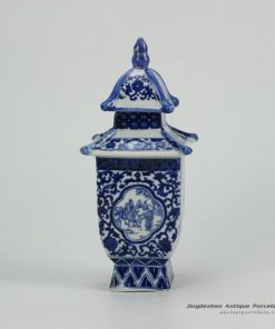 RZGE02_Blue and white ancient folk daily life pattern ceramic pagoda figurine