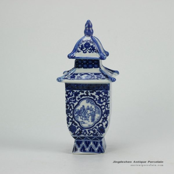 RZGE02_Blue and white ancient folk daily life pattern ceramic pagoda figurine