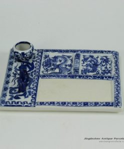 RZGE05_Blue and white Chinese calligraphy ink slab with pen rack and ink pot