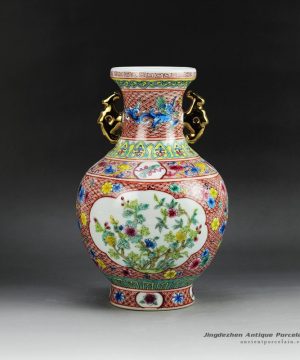RZGQ01_Hand paint Qing Dynasty reproduction enamel ceramic centerpiece vase with two gold plated handle