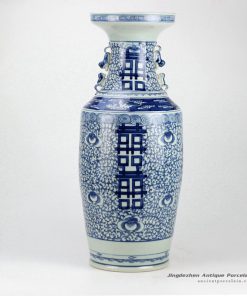 RZGZ01_Double happy hand paint blue and white Chinese traditional centerpiece vase with handles