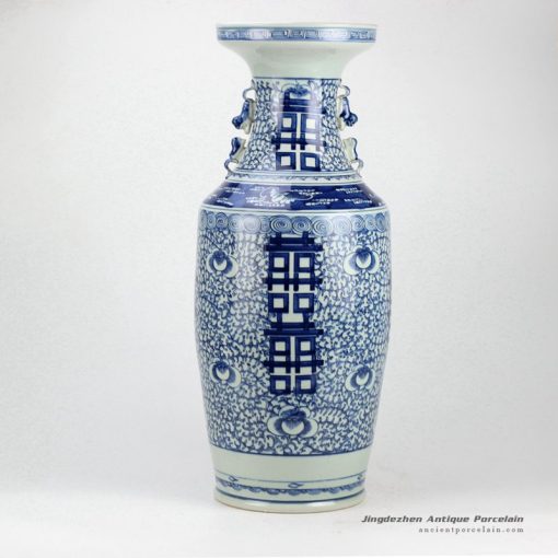 RZGZ01_Double happy hand paint blue and white Chinese traditional centerpiece vase with handles