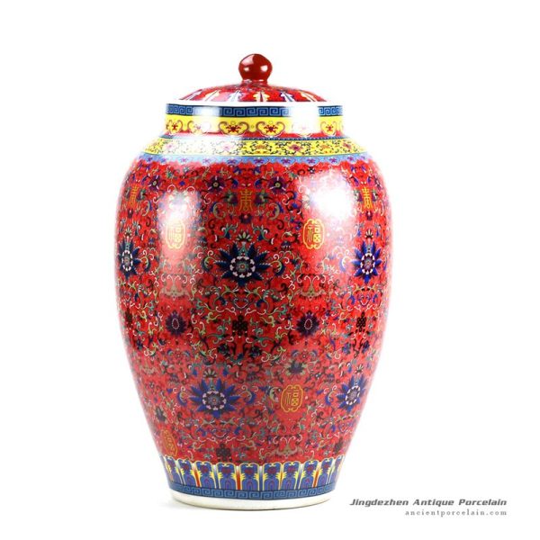 RZHB01_China red thousand floral pattern kitchen ceramic flour jar