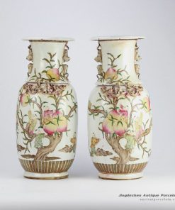 RZHD02_Vintage famille rose hand paint longevity peach and Chinese fair children pattern ceramic pair vases