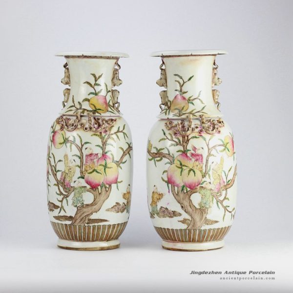 RZHD02_Vintage famille rose hand paint longevity peach and Chinese fair children pattern ceramic pair vases