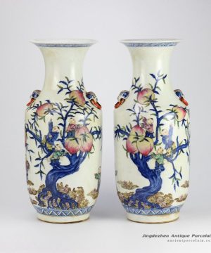 RZHD03_Reproduction antique style blue and white clashing color glaze hand paint children picking longevity peach pattern ceramic pair vases
