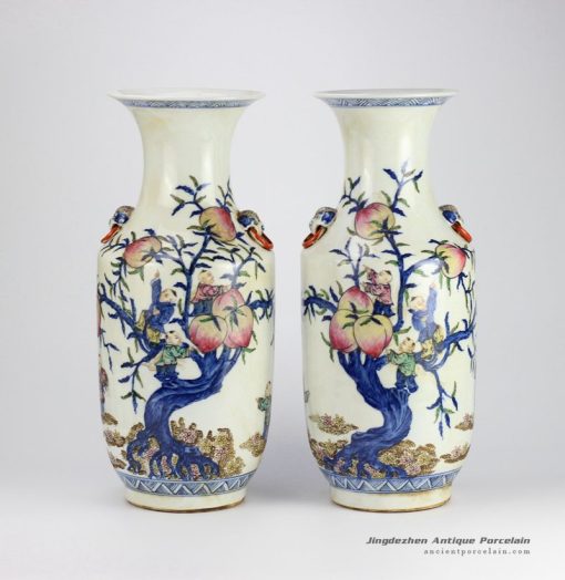 RZHD03_Reproduction antique style blue and white clashing color glaze hand paint children picking longevity peach pattern ceramic pair vases