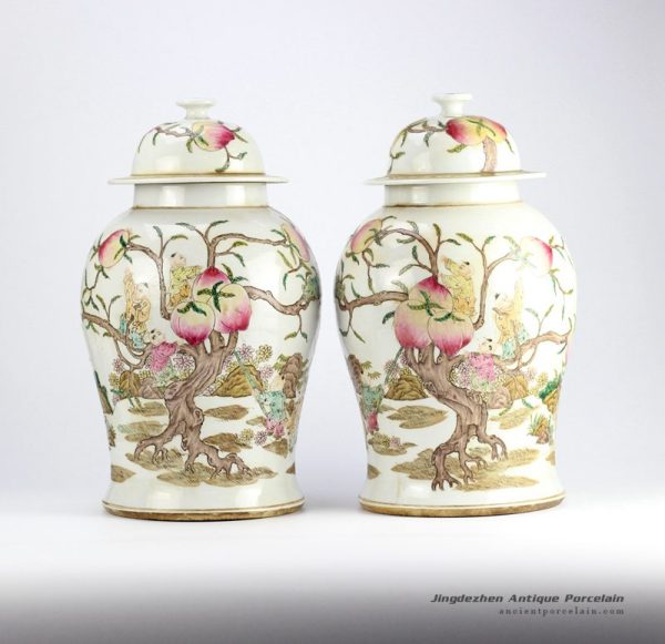 RZHD04_Famille rose hand paint longevity peach and children pattern vintage ceramic pair jars