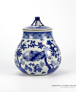 RZHJ02_Hand paint animal forest pattern blue white porcelain cookie jar