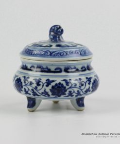 RZHL14_Antique style blue and white floral tripod ceramic censer burner
