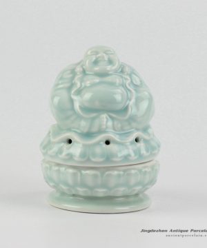 RZHL16_Unique design smiling Buddha sitting on lotus sculpture pattern celadon censer burner