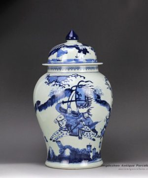 RZHM01-B_Hand paint blue white Chinese ancient the three Kingdom war pattern ceramic centerpiece jar