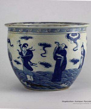 RZHZ01-A_Antique blue and white hand paint the eight immortals pattern big porcelain fish bowl