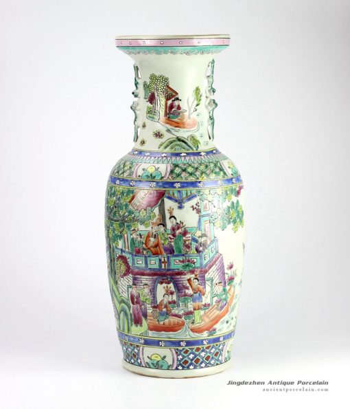RZIH01_Antique style famille rose hand paint ancient Chinese lotus gathering pattern ceramic centerpiece vase