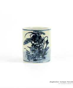 RZIQ01-B Reproduction ancient style hand paint under glaze blue lotus crane pattern ceramic brush holder