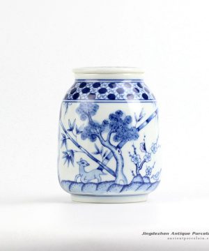 RZIR01_Japan style hand paint forest pattern ceramic flat lidded portable mason jar