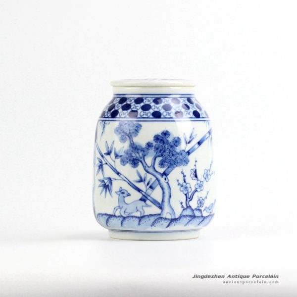 RZIR01_Japan style hand paint forest pattern ceramic flat lidded portable mason jar