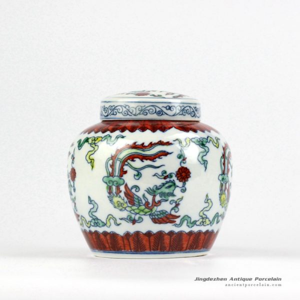 RZIZ01_Contrasting color blue and white doucai porcelain hand paint phoenix pattern ceramic flat lid storage urn
