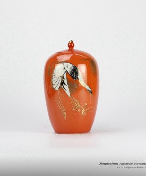 RZJD01 Japan style scarlet background gold pleated crane pattern ceramic candle jar