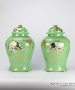 RZJD03 Green mint golden crane pattern ceramic pair jar