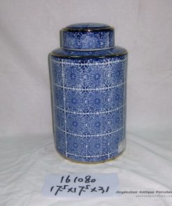 RZKA161080 Gold line plated blue and white floral exotic porcelain jar