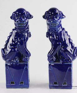 RZKC03 Chinese zodiac gift porcelain Foo dog book end in Indigo blue color
