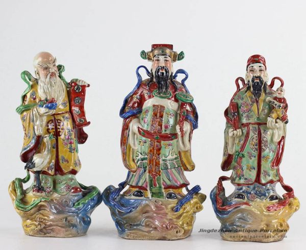 RZKC07 Fukurokuju Bright color three Chinese God of happy wealth longevity ceramic figurine