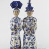 RZKC13 Antique finish blue and white Qing Dynasty sitting kind and queen ceramic figurines