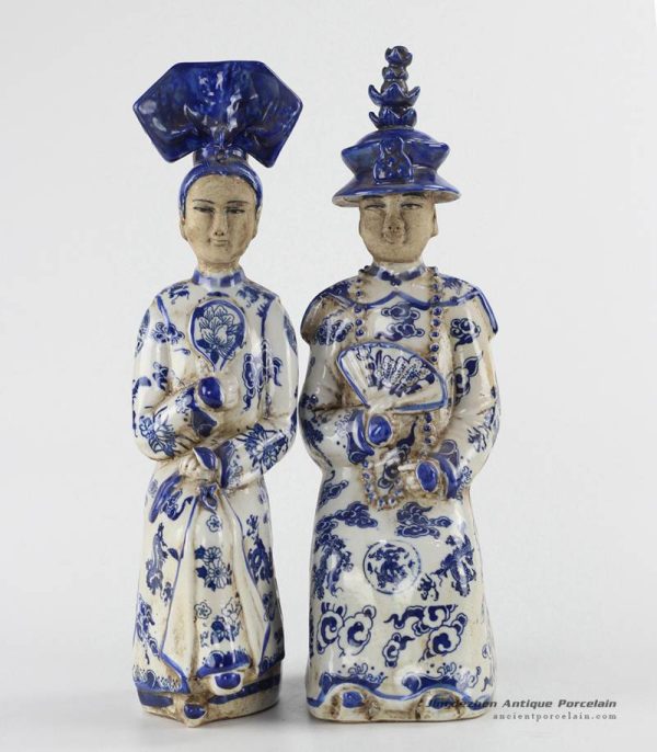 RZKC13 Antique finish blue and white Qing Dynasty sitting kind and queen ceramic figurines