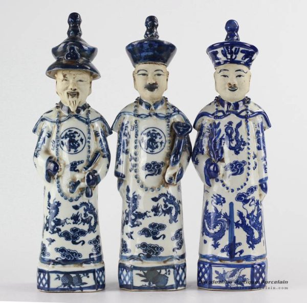 RZKC16 Medium size old style set of 3 blue and white emperors ceramic figurines