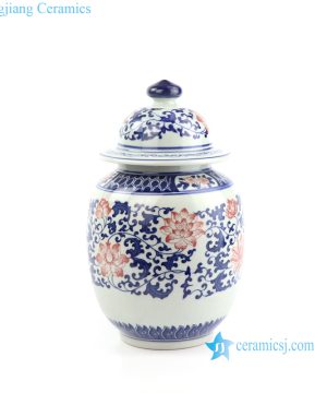 blue red and white ceramic jar