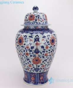 Red glaze blue and white hand drawing pot front view