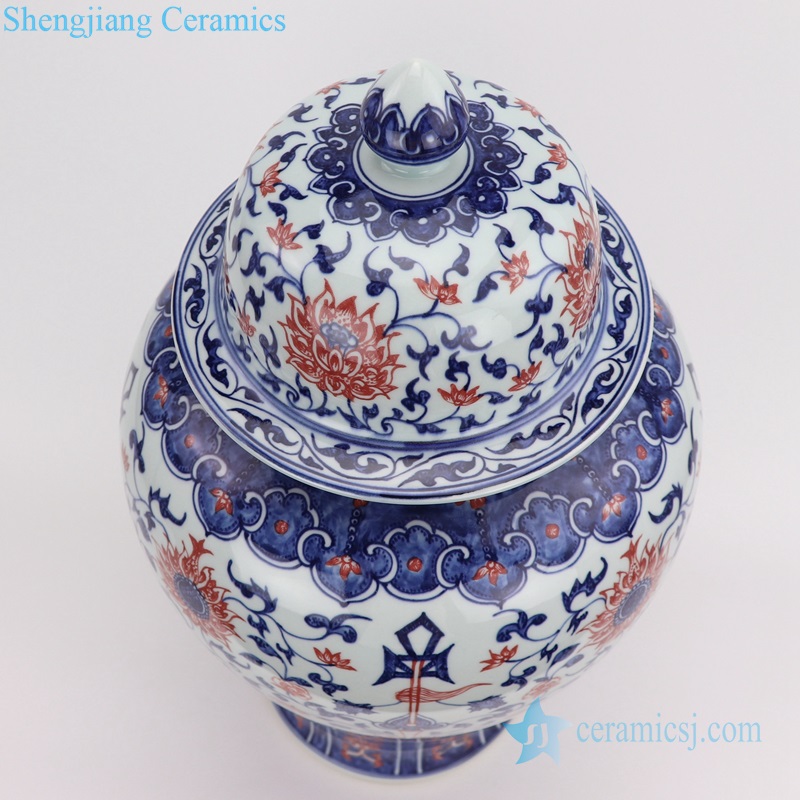 Red glaze blue and white hand drawing pot top view