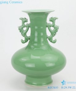 Green glaze double ear  vase front view