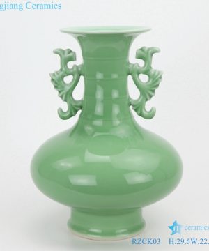 Green glaze double ear  vase front view