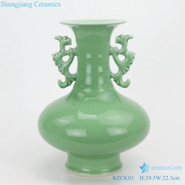 Green glaze double ear  vase front view 